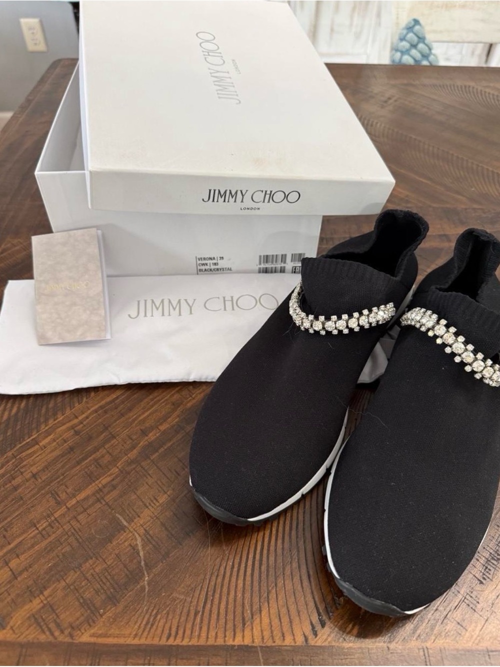 Jimmy Choo Black Knit Slip-On Sneakers with Crystal Strap